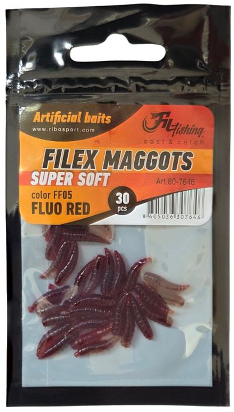 Filex Artificial Maggots Soft 'Fluo Red' - 30 stuks - Nepmaden - Plastic Haakaas - voor Karpervissen en Witvissen