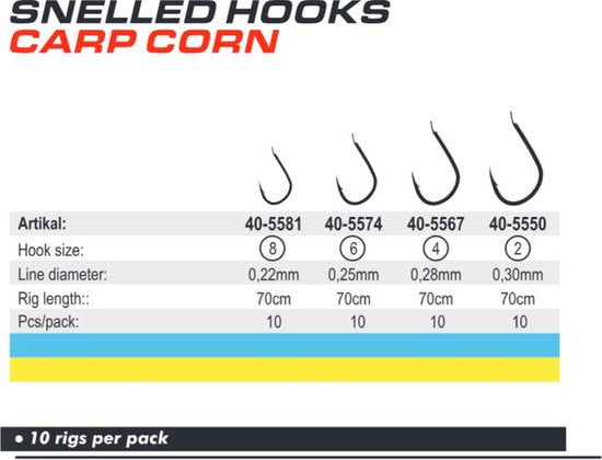 Snelled Hooks 'Carp Corn' - Haakmaat #4 - 0.28mm - 70cm - 10 stuks - Karper, Penvis, Dobber, Mais Onderlijnen