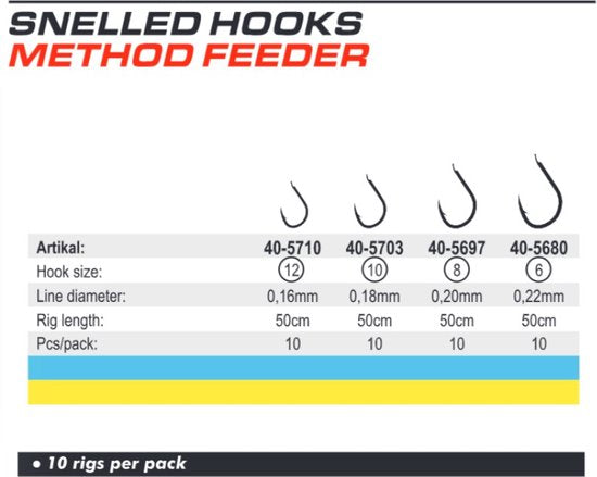 Snelled Hooks 'Method Feeder' - Haakmaat #12 - 0.16mm - 50cm - 10 stuks - Feeder, Method, Witvis Onderlijnen