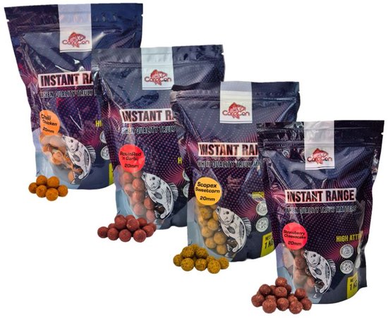 4x 1kg Instant Range Boilies 'Assorti' - 20mm - 4kg - Verschillende varianten - Strawberry, Scopex, Garlic & Chili Chicken - Karper Aas