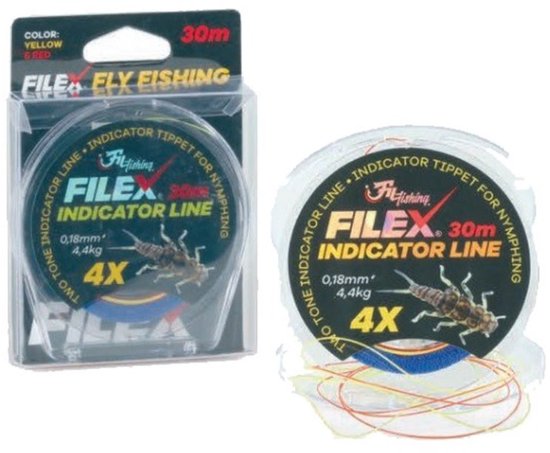 Filex Fly Fishing Indicator Line 4X - 0.18mm/4,4kg- voor Vliegvissen met Nymf - 30m - Geel/Rood - Vliegvis Vislijn Leader - Nymf Onderlijn