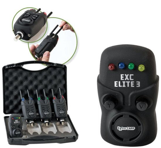 EXC ELITE 3 Bite Alarm Set - 3+1 Beetmelder set voor Karpervissen - Inclusief Ontvanger en schroefbare Snag Ears