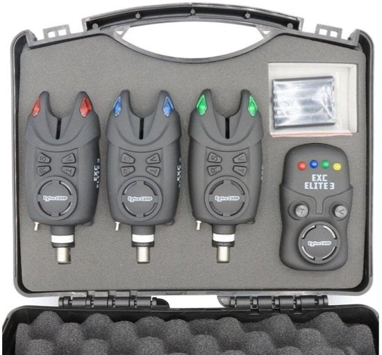 EXC ELITE 3 Bite Alarm Set - 3+1 Beetmelder set voor Karpervissen - Inclusief Ontvanger en schroefbare Snag Ears