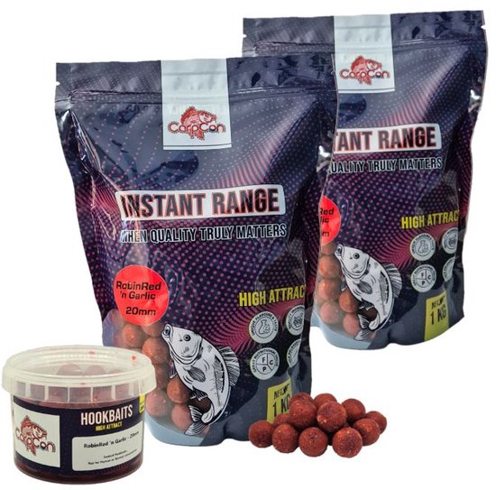 Boilie Session Pack 'RobinRed 'n Garlic' - 2x 1kg Instant Range Boilies (15mm & 20mm) + 20mm High Attract Hookbaits - Karper Aas - Boilies