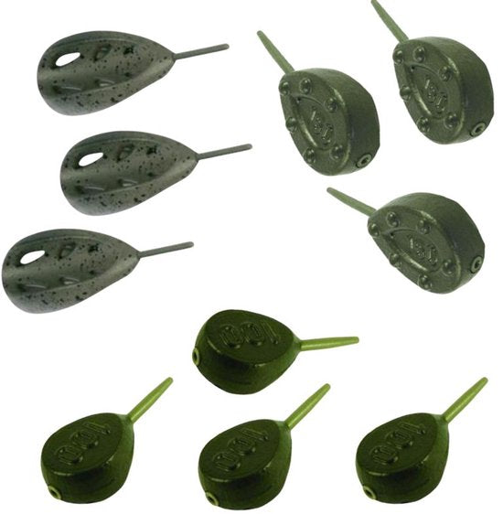 FC's Inline Vislood 'Assorti' 100g - 10 stuks - 4 Flat Pear, 3 Grip & 3 Aero Distance Lead - In line lood - 10 x 100g - Karper Lood - Werplood