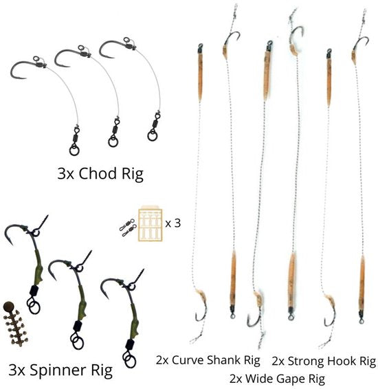 FC's Karper Onderlijnen 'Assorti' - Haakmaat #8 - 12 verschillende Karper Rigs - Hair Rigs, Chod Rigs & Spinner Rigs - Rigs voor Karper Vissen