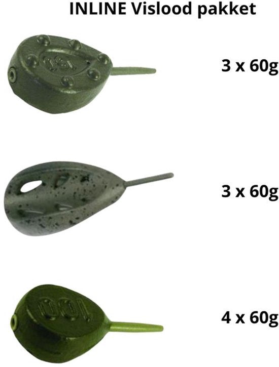 FC's Inline Vislood 'Assorti' 60g - 10 stuks - 4 Flat Pear, 3 Grip & 3 Aero Distance Lead - In line lood - 10 x 60g - Karper Lood - Werplood