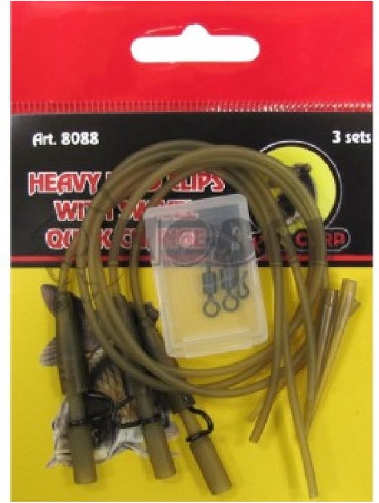 EXC Heavy Lead Clips & Q.C. Swivel - 3 sets - 30cm - Visveilig Vastlood Systeem - Karper Vissen Onderlijn - Loodclips met Swivels - Met Anti-Tangle Sleeves, Swivels, Rig Tube en Loodclips