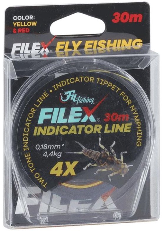 Filex Fly Fishing Indicator Line 3X - 0.20mm/5,6kg- voor Vliegvissen met Nymf - 30m - Geel/Rood - Vliegvis Vislijn Leader - Nymf Onderlijn