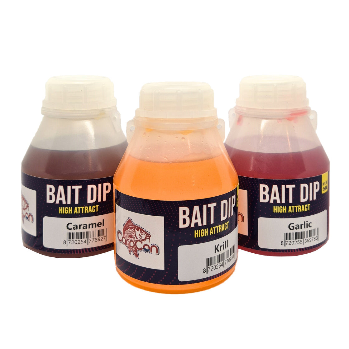 CarpCon High Attract Bait Dip 'Trio' - 3x 250ml - Garlic, Caramel & Krill Bait Dip