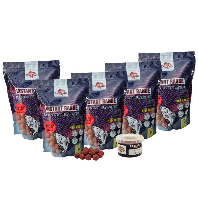 CarpCon Instant Range Boilies 'RobinRed 'n Garlic' 5kg + Hookbaits (meerdere diameters)