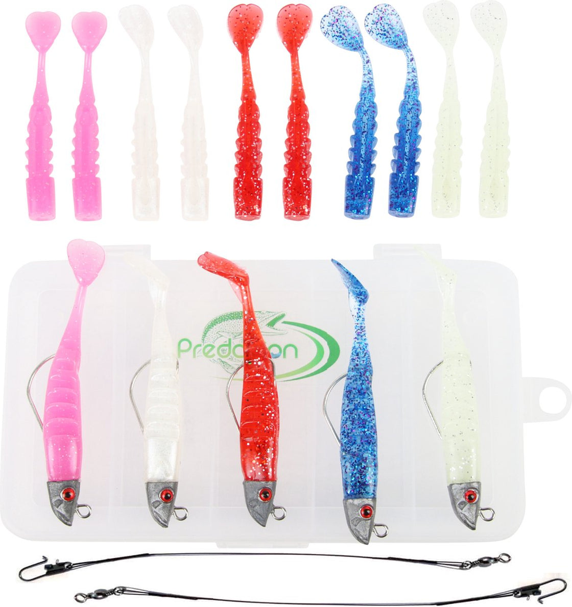 PredaCon Weedless Shads Set met Stalen Onderlijnen en Reserve Shads - 18-delige Kunstaas set - 8cm/15g