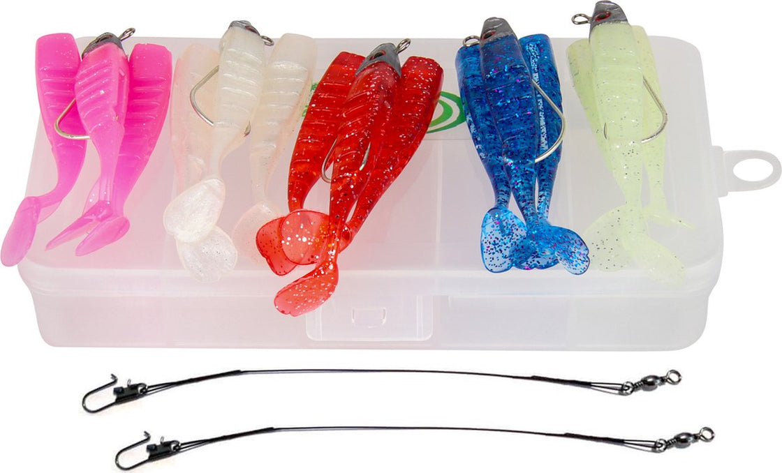 PredaCon Weedless Shads Set met Stalen Onderlijnen en Reserve Shads - 18-delige Kunstaas set - 8cm/15g